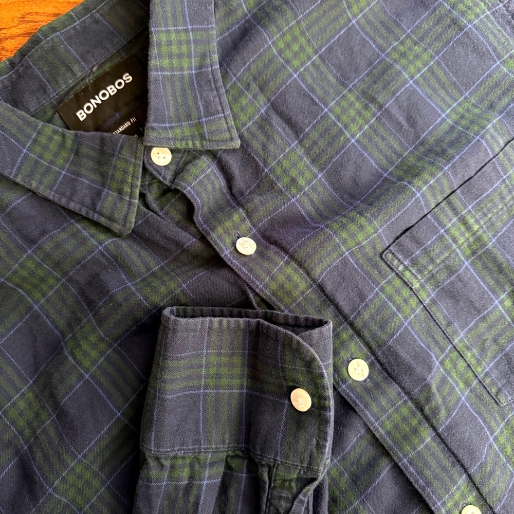 BONOBOS Mens Plaid Long Sleeve Button Down Shirt Standard‎ Fit Navy Green Size L